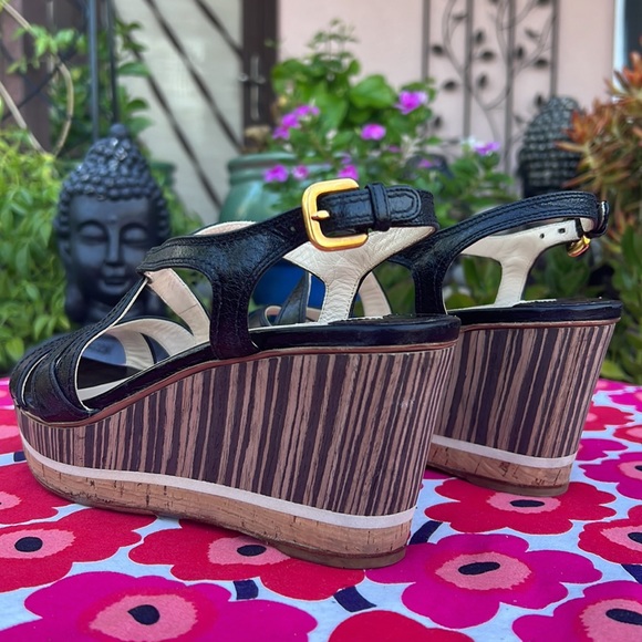 Prada Black Leather Platform Ankle Strap Wedge Sandals EU 38 - Picture 7 of 16